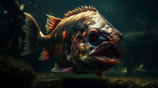 Un pesce con la testa rossa e la coda nera è nell'acqua