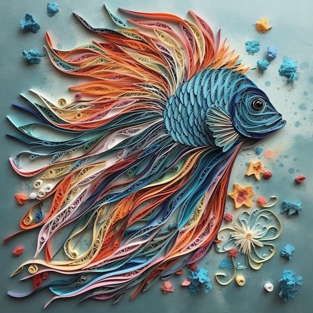 Un pesce con sfondo blu e colori arancio e blu.