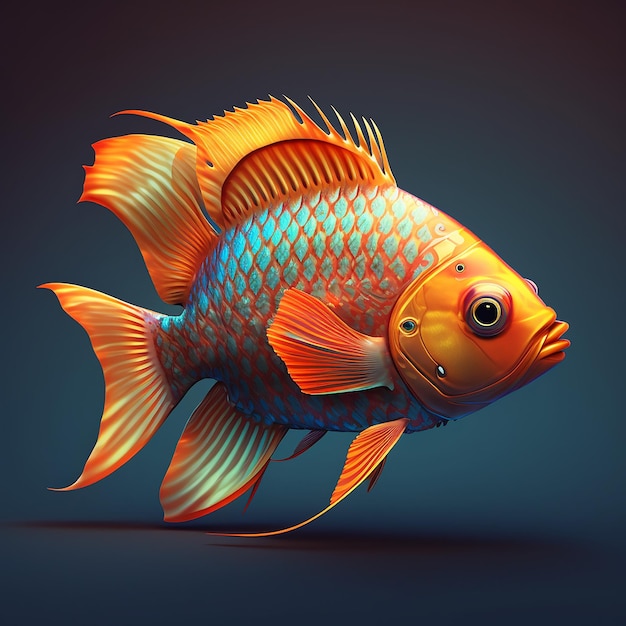 Un pesce con strisce arancioni e blu e uno sfondo nero.
