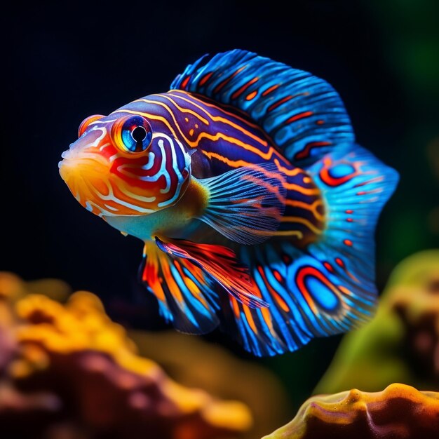 un pesce con strisce blu e arancione è in un acquario