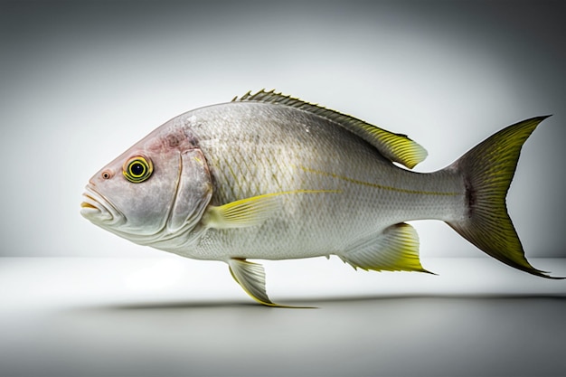 Un pesce con una striscia gialla sul fondo e un fondo bianco.