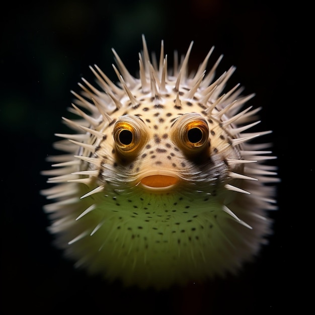 Un pesce con una testa di pesce palla e un becco che dice "riccio di mare".