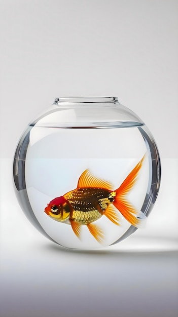 un pesce d'oro in una ciotola su uno sfondo bianco