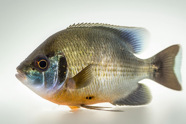 Un pesce dai colori blu e bianco si trova su una superficie bianca.