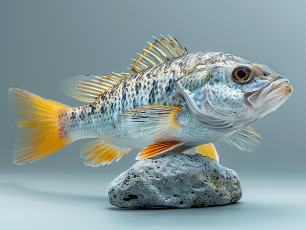 Un pesce è seduto su una roccia
