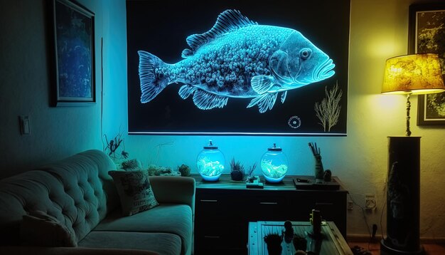 un pesce è su una parete sopra un divano e un pesce sulla parete