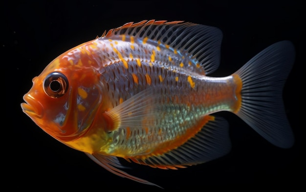 Un pesce giallo con macchie arancioni e blu e una striscia gialla.