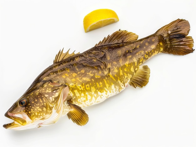 Un pesce grande con un limone su uno sfondo bianco