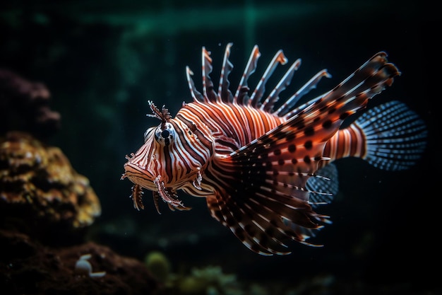 Un pesce leone sta nuotando in una vasca con uno sfondo nero.