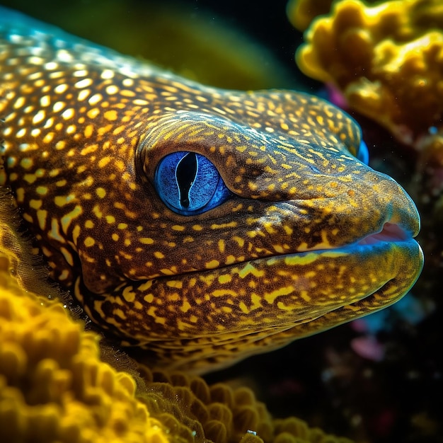 Un pesce maculato sta riposando su una barriera corallina.