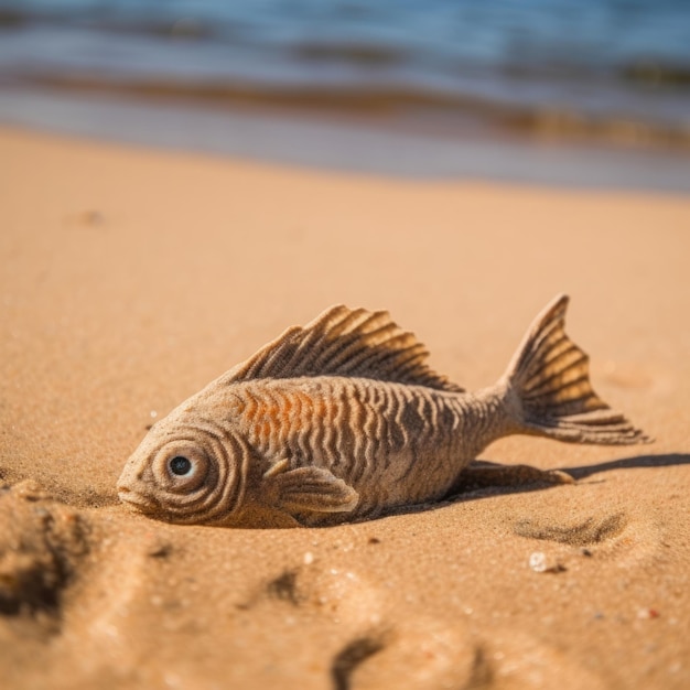 Un pesce morto giace sulla sabbia con sopra la parola "mare".