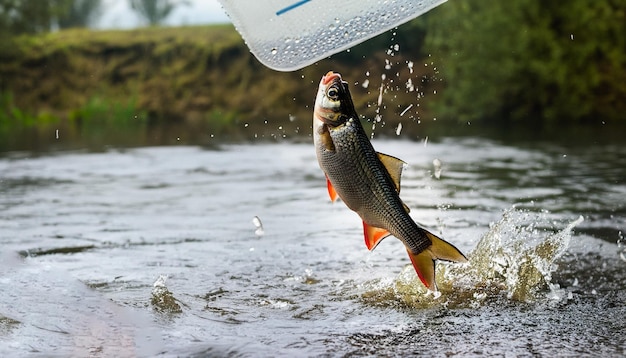 Un pesce nel salto nel giorno di pioggia del fiume