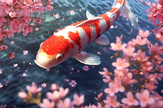 Un pesce nell'acqua con fiori rosa