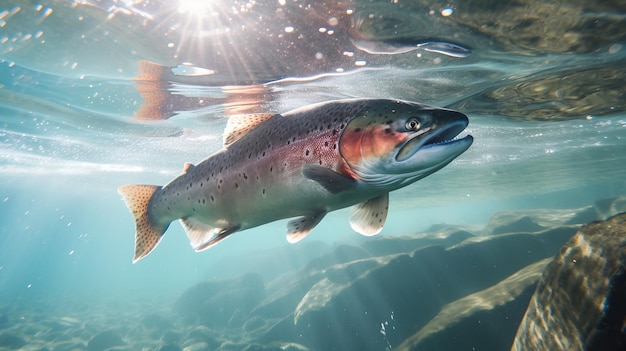 Un pesce nell'acqua con il sole che splende su di esso