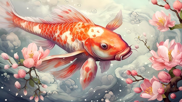 Un pesce nell'acqua con un fiore rosa