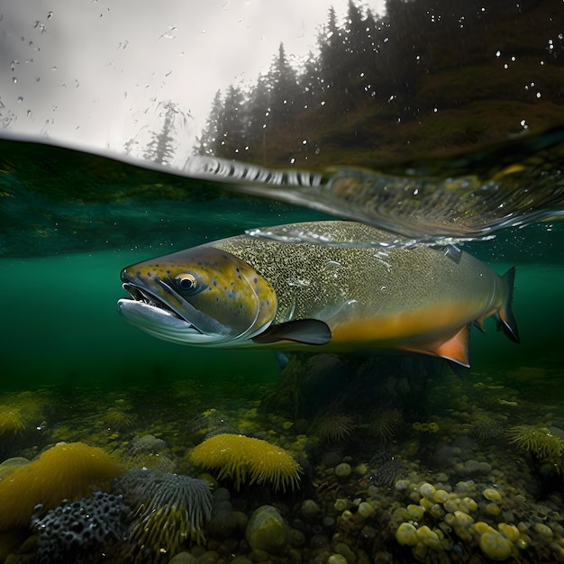 Un pesce nell'acqua con una foresta sullo sfondo.