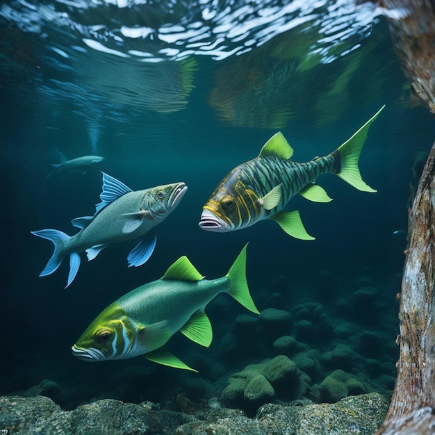 Un pesce nuota nell'acqua con sopra la parola pesce.