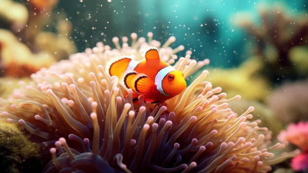 un pesce pagliaccio che nuota in un anemone di mare