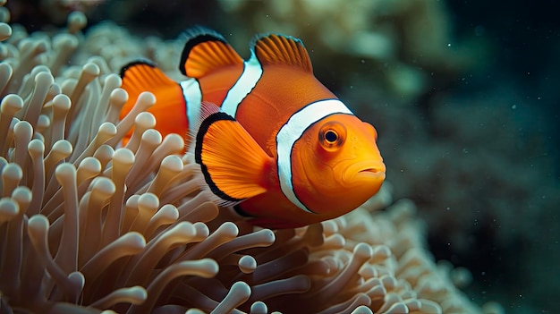 Un pesce pagliaccio nuota nella grande barriera corallina.