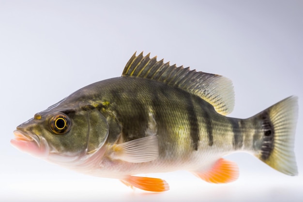 Un pesce persico è mostrato su uno sfondo bianco.