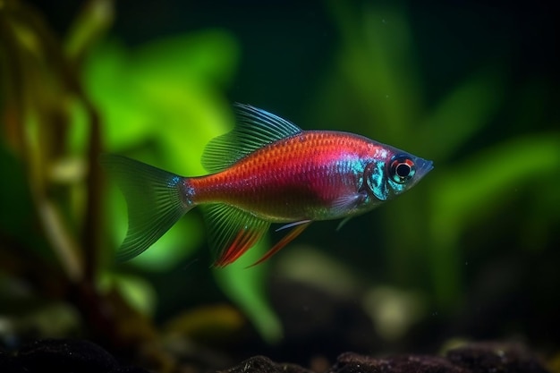 Un pesce rosso e blu con uno sfondo verde
