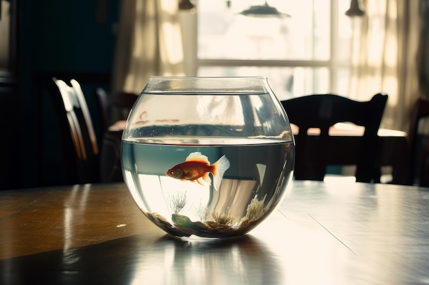 Un pesce rosso in una ciotola su un tavolo davanti a una finestra