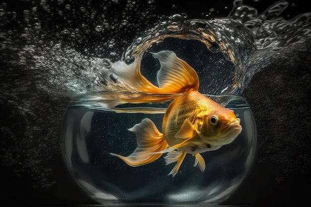Un pesce rosso salta dall'acquario e si tuffa nell'acqua