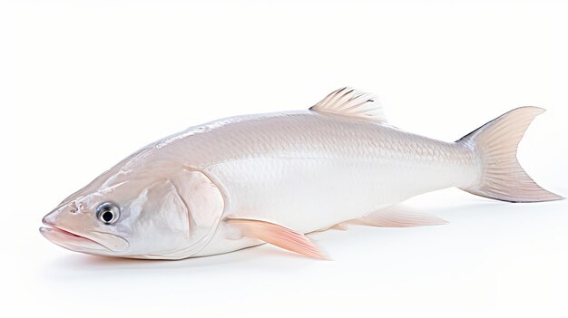 Un pesce rosso solitario luccica contro uno sfondo bianco puro