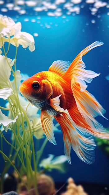 un pesce rosso sta nuotando in un acquario con fiori bianchi.