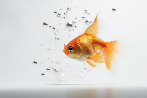 Un pesce rosso sta nuotando in una piscina con bolle sullo sfondo.