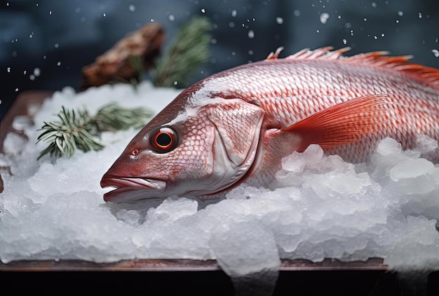 un pesce seduto su un vassoio di ghiaccio nello stile di focus stacking