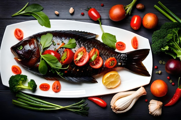 Un pesce su un piatto con verdure e spezie su sfondo nero