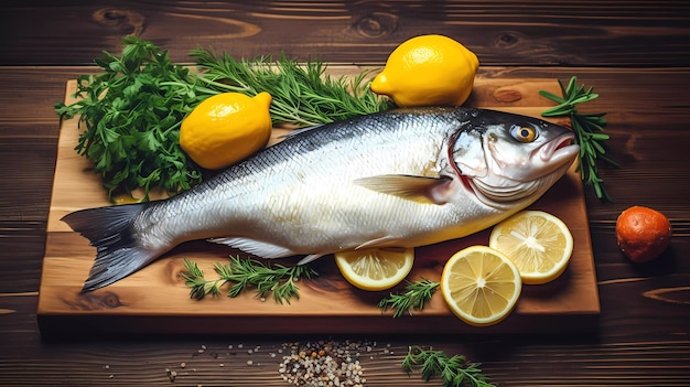 Un pesce su un tagliere con dei limoni sopra