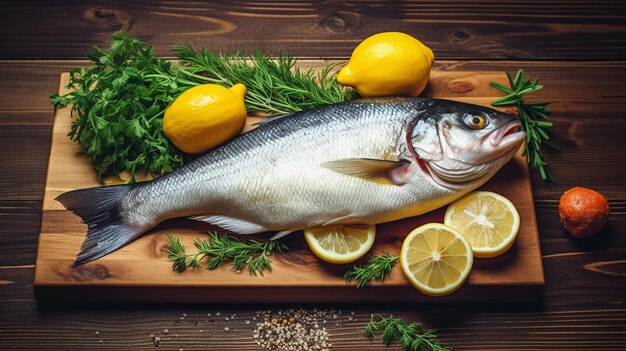 Un pesce su un tagliere con limoni ed erbe aromatiche