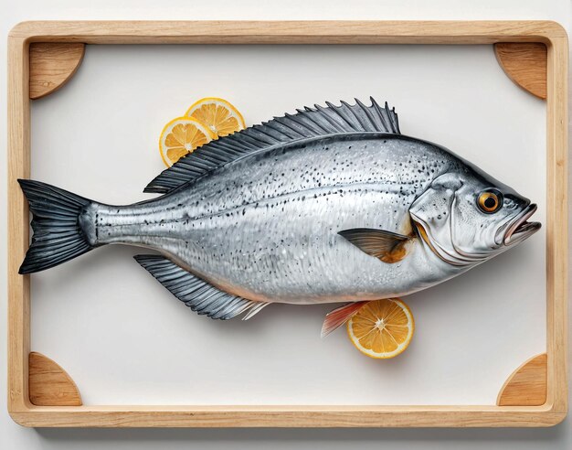 un pesce su un vassoio di legno con fette di limone
