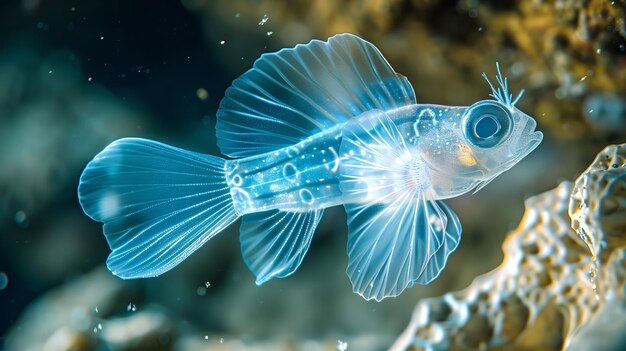 Un pesce trasparente simile a un alieno brilla nelle profondità di una grotta sottomarina