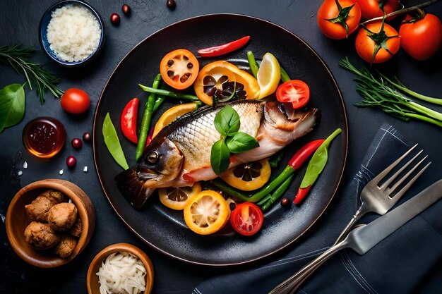 Un pesce viene servito in padella con verdure e pesce.