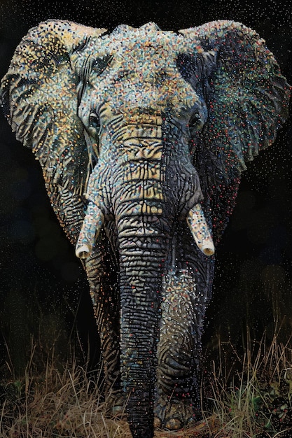 un pezzo che utilizza una tecnica di pointillismo digitale per creare un'immagine di un elefante maestoso