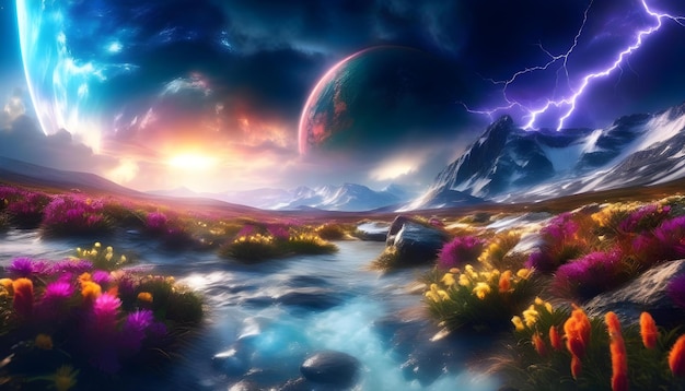 Un pezzo d'arte digitale astratto di un pianeta con terreno ghiacciato e flora colorata con nubi drammatiche