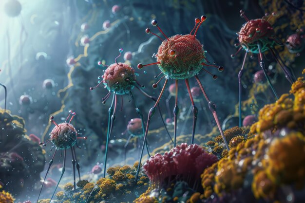 Un pezzo d'arte digitale che mostra i batteriofagi come guerrieri nanotecnologici in una battaglia microcosmica
