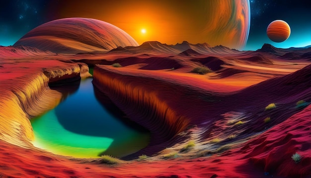 Un pezzo d'arte digitale che raffigura un pianeta ultraterreno con viola