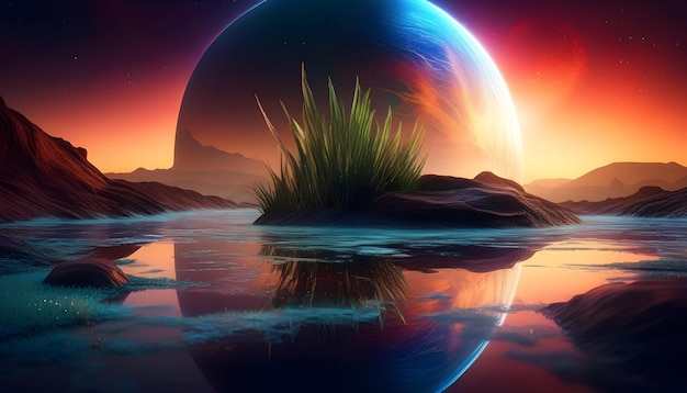Un pezzo d'arte digitale di un pianeta ghiacciato con una superficie fessurata e acqua che riflette il cielo