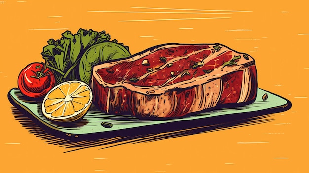 Un pezzo di bistecca con sopra un limone e dei broccoli.