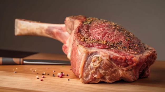 Un pezzo di carne è su un tagliere con un coltello.