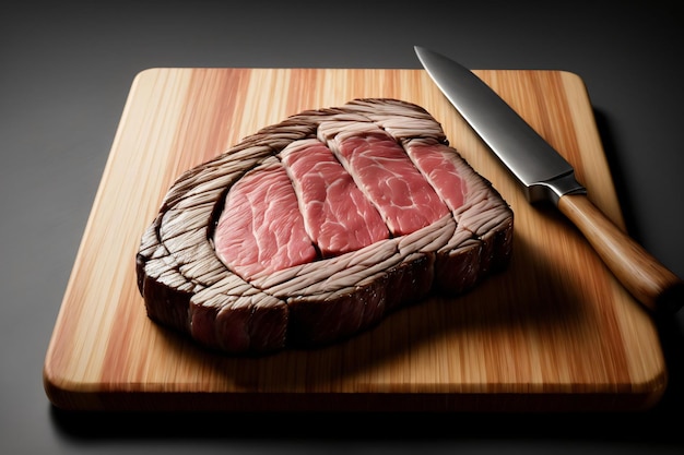 Un pezzo di carne seduto sulla tavola da taglio accanto a un coltello