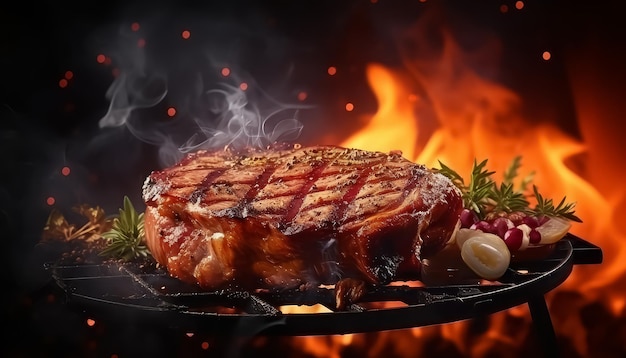 Un pezzo di carne viene cotto su una griglia con fumo e fiamme che lo circondano