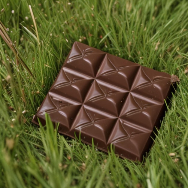 un pezzo di cioccolato che giace nell'erba con un pezzo de cioccolata su di esso