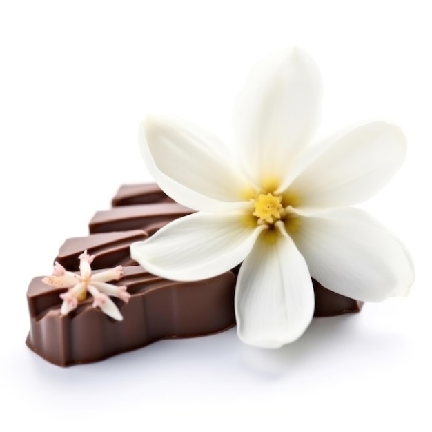 Un pezzo di cioccolato con sopra un fiore bianco