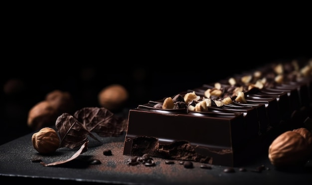 Un pezzo di cioccolato con uno sfondo scuro e sopra un pezzo di cioccolato.