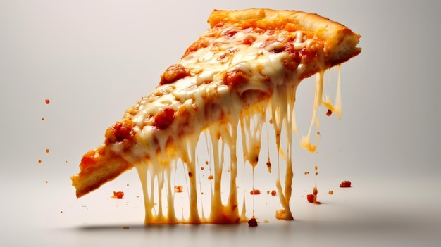 Un pezzo di deliziosa pizza aromatica con formaggio appiccicoso salami pepperoni e basilico accanto all'ingrediente